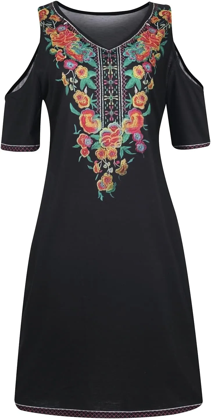 Summer Dresses for Women 2022,Women Traditional Aztec Cold Shoulder Sexy V Neck Short Sleeve Dress Floral Casual Dress