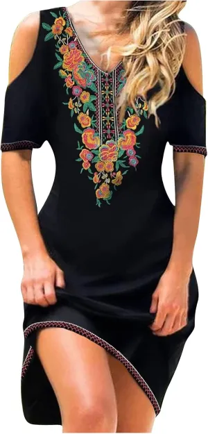 Summer Dresses for Women 2022,Women Traditional Aztec Cold Shoulder Sexy V Neck Short Sleeve Dress Floral Casual Dress