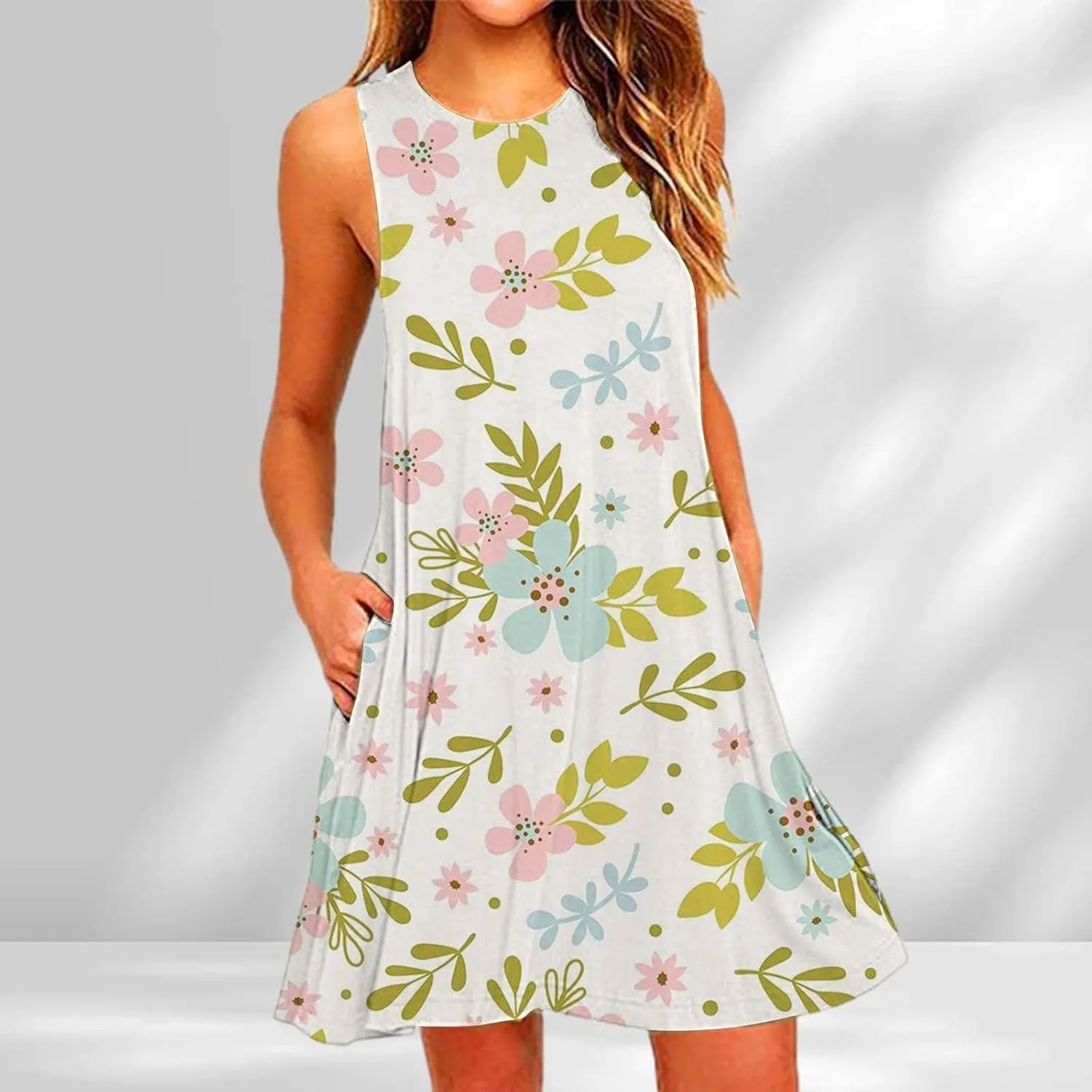 Summer Dresses for Women 2024 Floral Print Beach Party Sundress Sleeveless Fashion Cocktail Dress Casual Pockets Boho Dress
