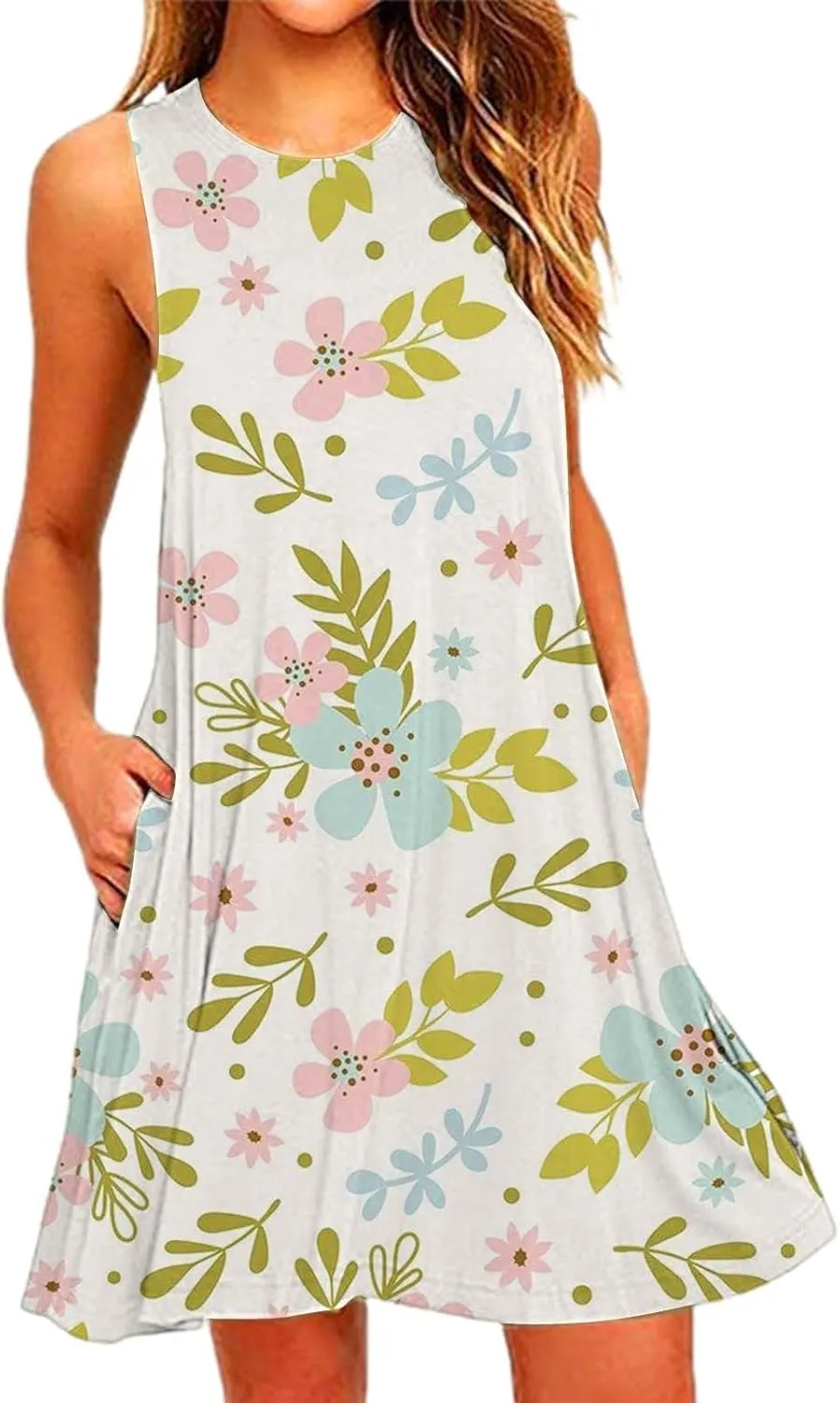 Summer Dresses for Women 2024 Floral Print Beach Party Sundress Sleeveless Fashion Cocktail Dress Casual Pockets Boho Dress