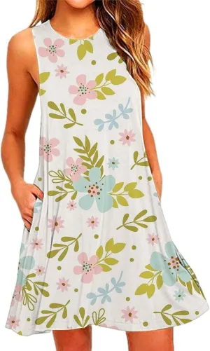 Summer Dresses for Women 2024 Floral Print Beach Party Sundress Sleeveless Fashion Cocktail Dress Casual Pockets Boho Dress