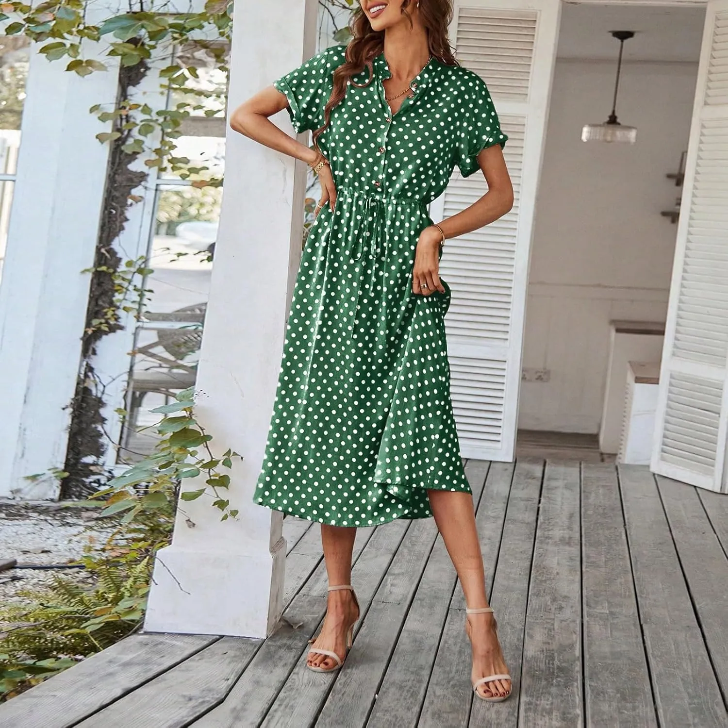 Summer Dresses for Women 2025 Casual Loose Trendy Short Sleeve V-Neck Boho Polka Dot Print Beach Maxi Dress, S-2XL