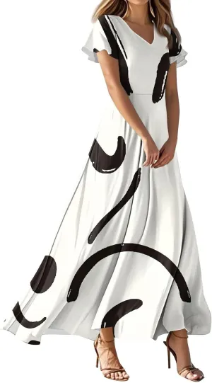 Summer Dresses for Women 2025 Casual Trendy Short Sleeve V-Neck Vintage Floral Print Flowy Boho Maxi Drees, XS-2XL