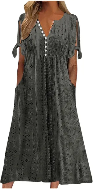 Summer Dresses for Women 2025 Eyelet Short Sleeve Midi Dress V Neck Swimsuit Cover Up Beach Sundress with Pockets