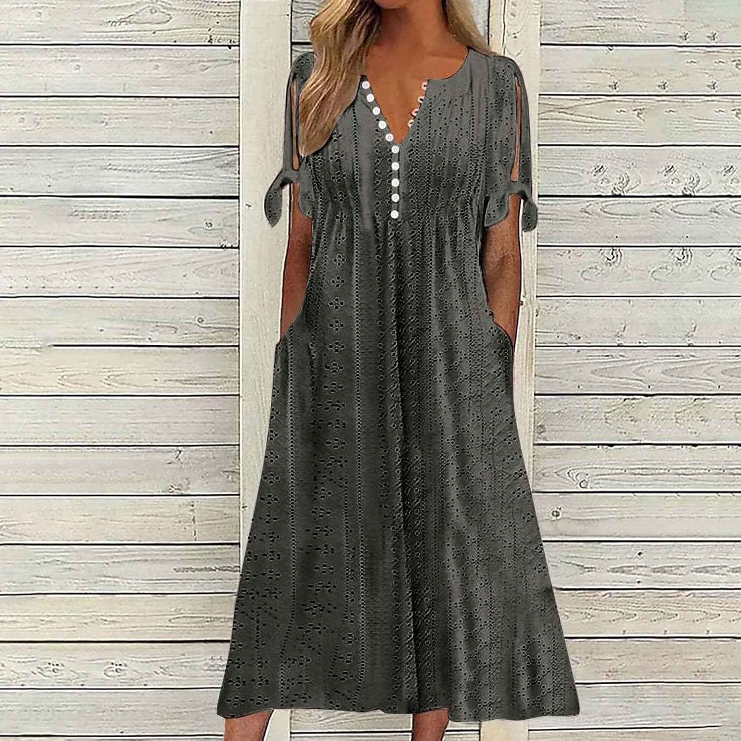 Summer Dresses for Women 2025 Eyelet Short Sleeve Midi Dress V Neck Swimsuit Cover Up Beach Sundress with Pockets