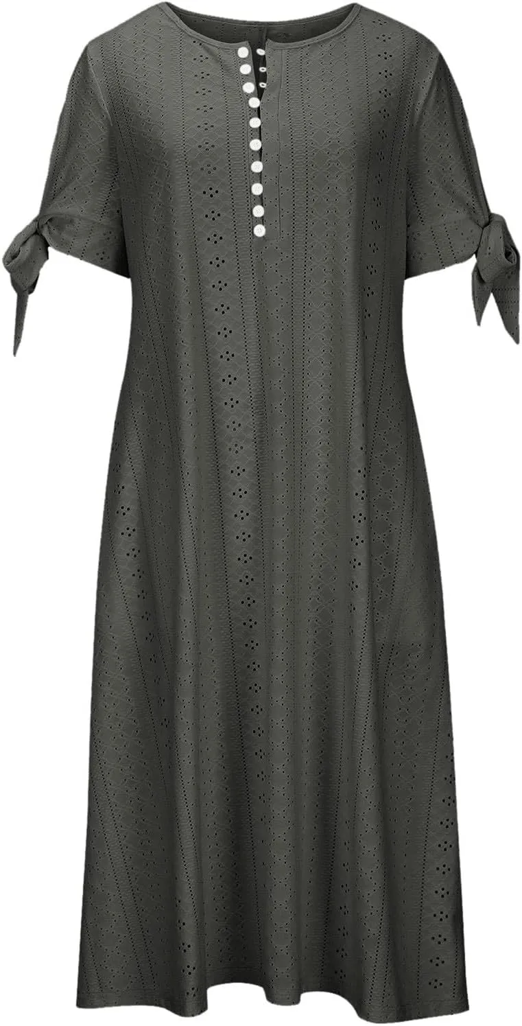 Summer Dresses for Women 2025 Eyelet Short Sleeve Midi Dress V Neck Swimsuit Cover Up Beach Sundress with Pockets