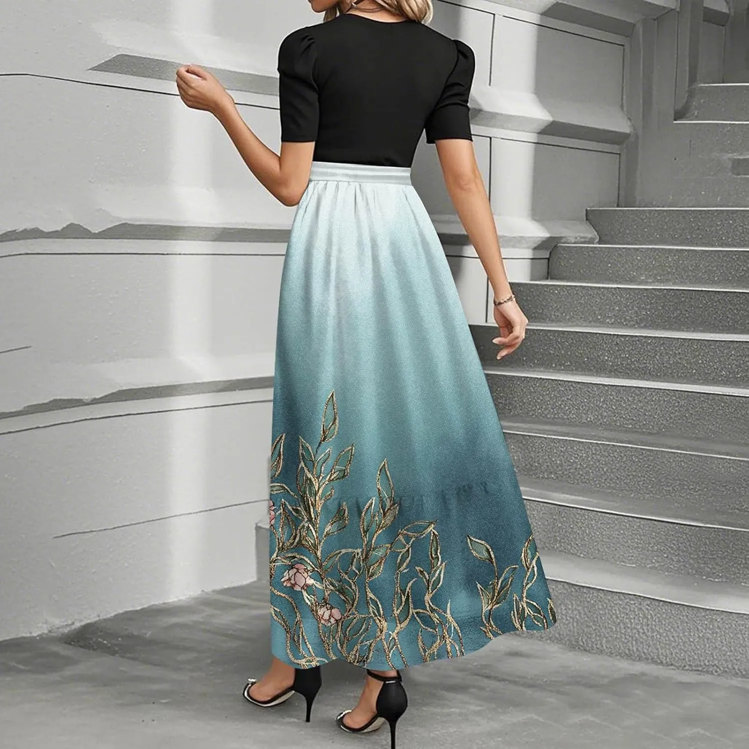 Summer Dresses for Women 2025 Flowy Floral Maxi Dress Short Sleeve Long Sundress Patchwork Ruffle Hem a Line Dress