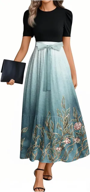 Summer Dresses for Women 2025 Flowy Floral Maxi Dress Short Sleeve Long Sundress Patchwork Ruffle Hem a Line Dress