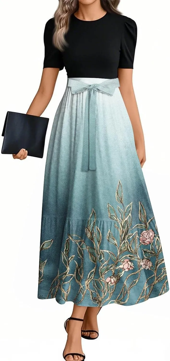 Summer Dresses for Women 2025 Flowy Floral Maxi Dress Short Sleeve Long Sundress Patchwork Ruffle Hem a Line Dress