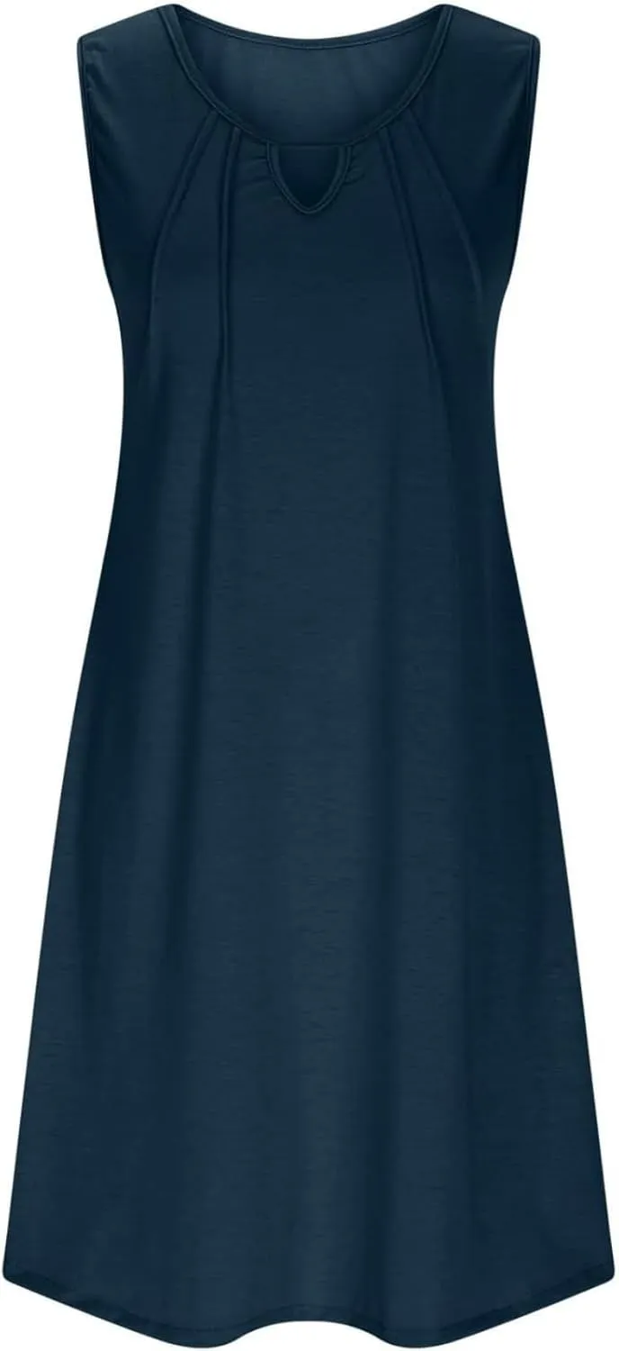 Summer Dresses for Women 2025 Keyhole Neck Casual Dress Sleeveless Pleated Mini Dress Beach Vacation Flowy Dresses