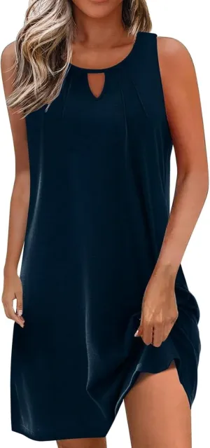 Summer Dresses for Women 2025 Keyhole Neck Casual Dress Sleeveless Pleated Mini Dress Beach Vacation Flowy Dresses