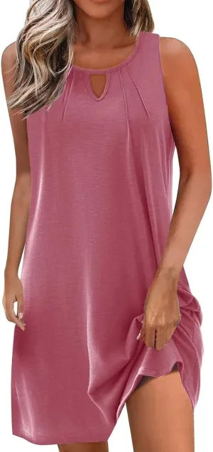 Summer Dresses for Women 2025 Keyhole Neck Casual Dress Sleeveless Pleated Mini Dress Beach Vacation Flowy Dresses