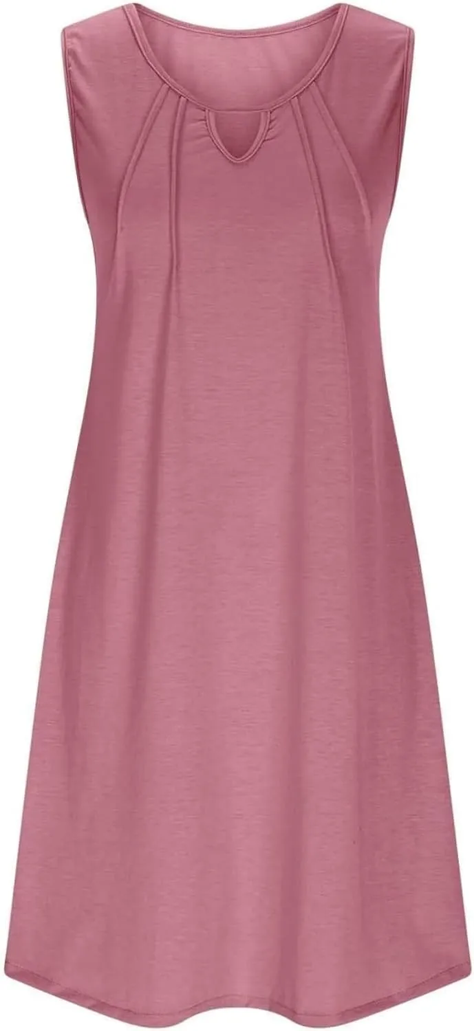 Summer Dresses for Women 2025 Keyhole Neck Casual Dress Sleeveless Pleated Mini Dress Beach Vacation Flowy Dresses