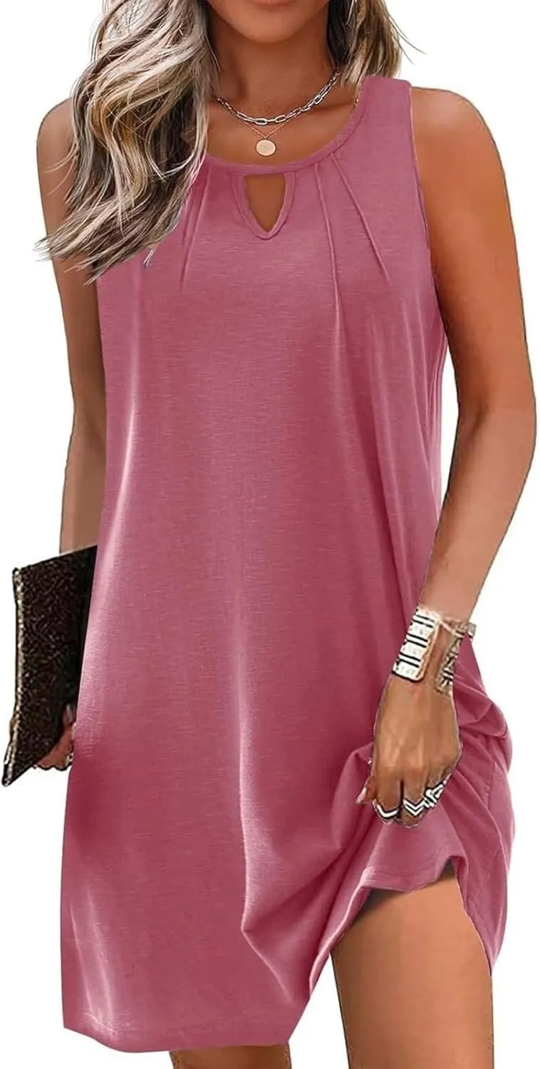 Summer Dresses for Women 2025 Keyhole Neck Casual Dress Sleeveless Pleated Mini Dress Beach Vacation Flowy Dresses