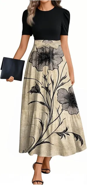 Summer Dresses for Women 2025 Short Sleeve Long Sundress Patchwork Maxi Dress Flowy Floral Ruffle Hem a Line Dress