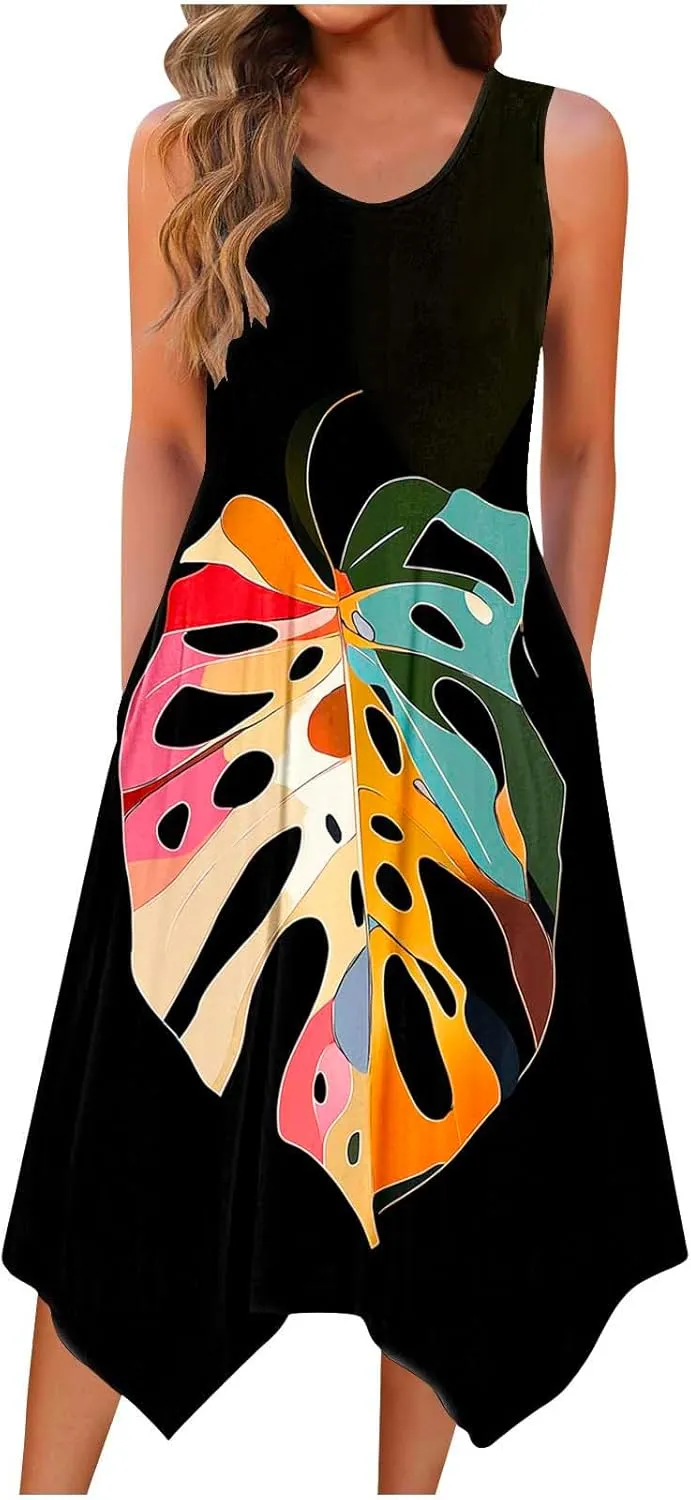Summer Dresses for Women 2025 Sleeveless Floral Midi Dress Casual Tank Dress Loose Flowy Beach Dress with Pockets
