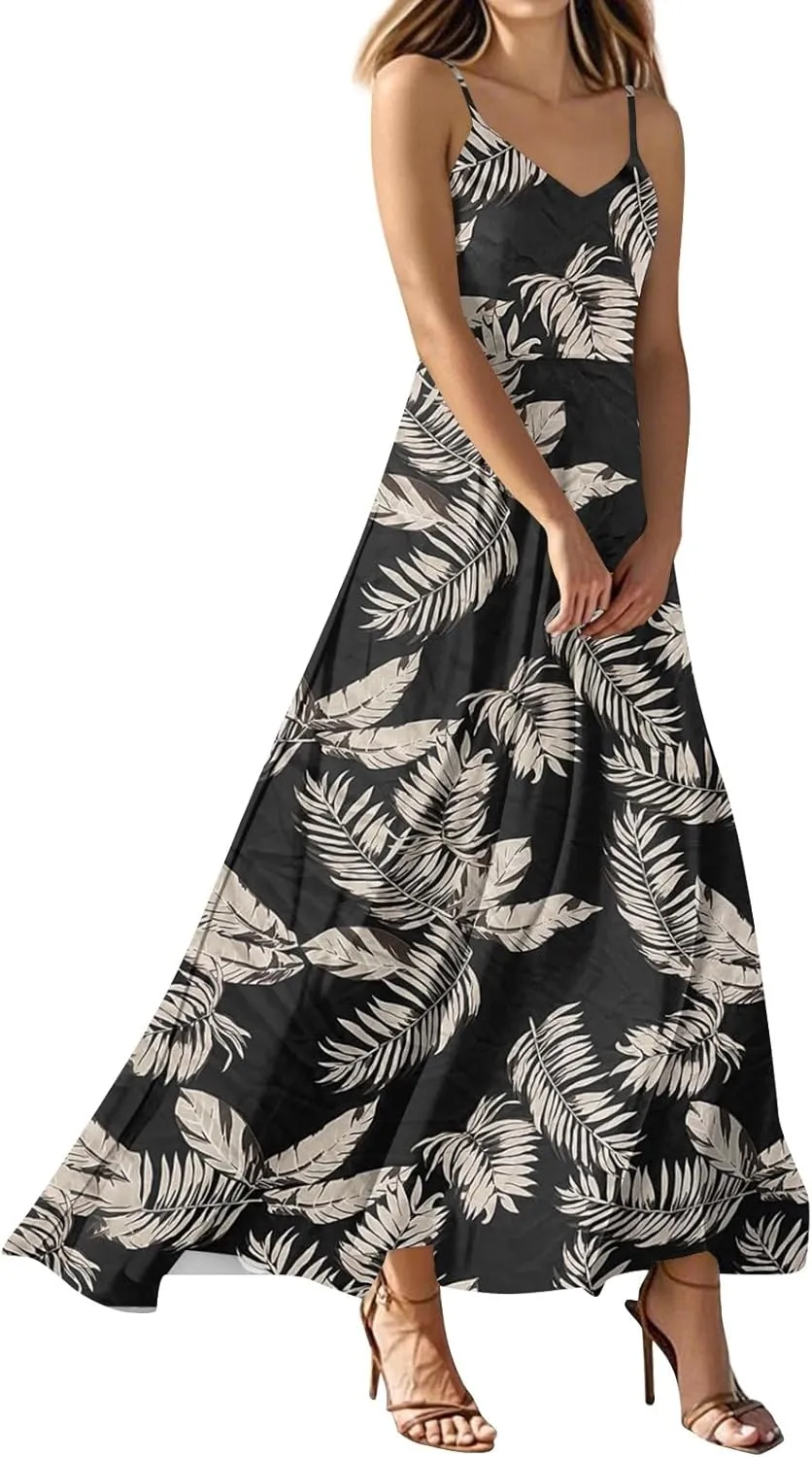 Summer Dresses for Women 2025 Spring Adjustable Spaghetti Strap Maxi Dress Floral Beach Vacation Long Sundress