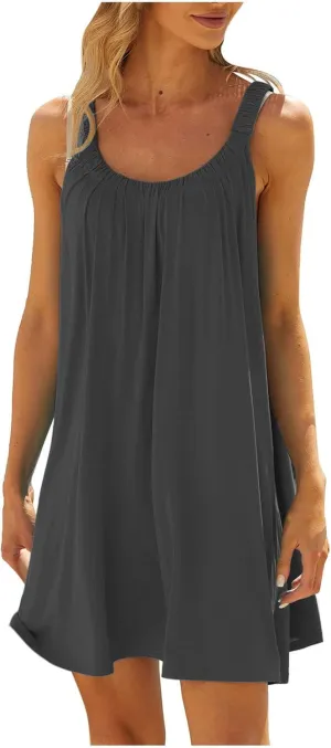 Summer Dresses for Women 2025 Trendy Casual Sleeveless Solid Color Sundress Loose Fit Pleated Beach Mini Tank Dress