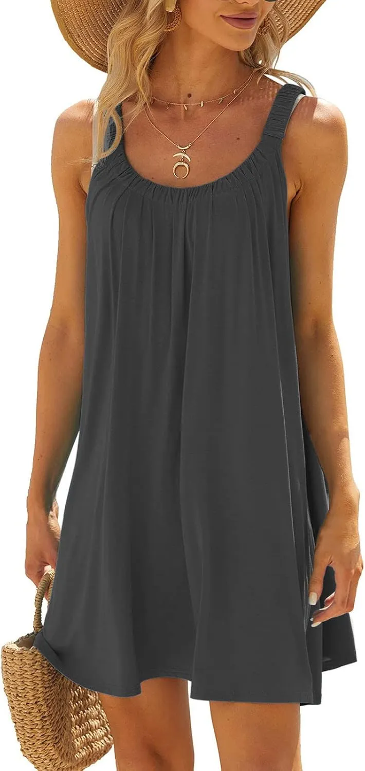 Summer Dresses for Women 2025 Trendy Casual Sleeveless Solid Color Sundress Loose Fit Pleated Beach Mini Tank Dress