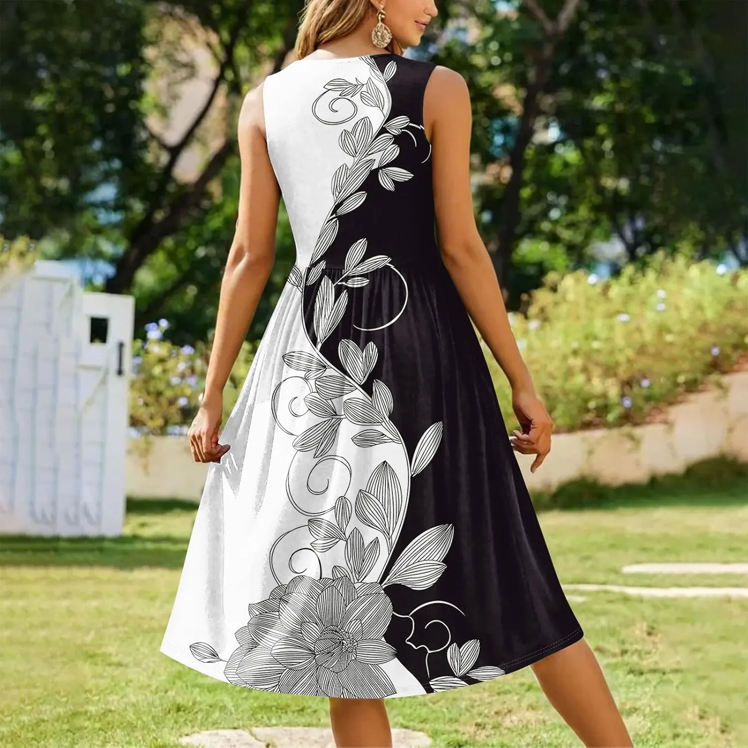 Summer Dresses for Women Beach Tank Dresses Flowy Floral A-Line Sundresses Casual Sleeveless Mid Dress with Pockets