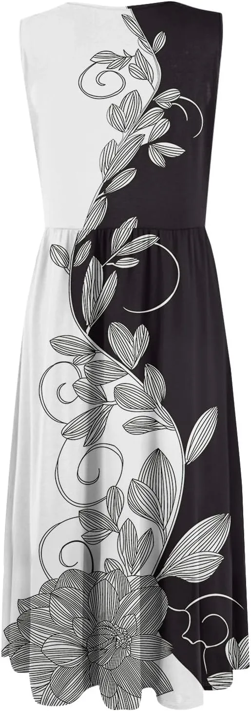 Summer Dresses for Women Beach Tank Dresses Flowy Floral A-Line Sundresses Casual Sleeveless Mid Dress with Pockets