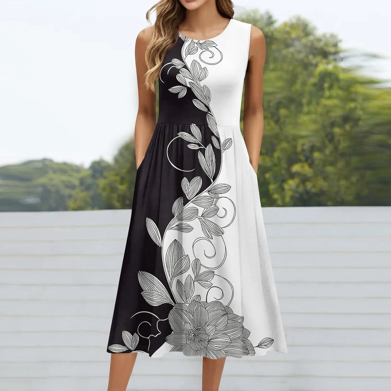 Summer Dresses for Women Beach Tank Dresses Flowy Floral A-Line Sundresses Casual Sleeveless Mid Dress with Pockets