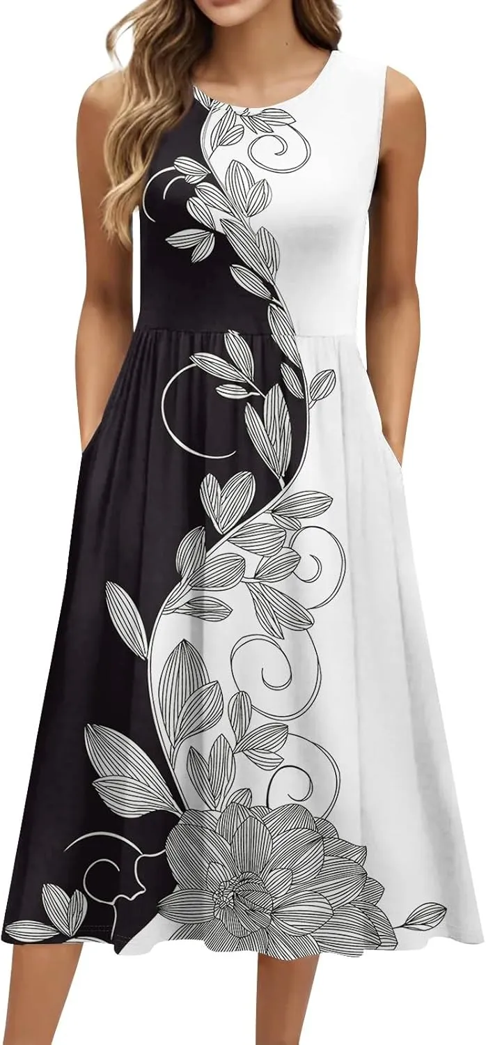 Summer Dresses for Women Beach Tank Dresses Flowy Floral A-Line Sundresses Casual Sleeveless Mid Dress with Pockets