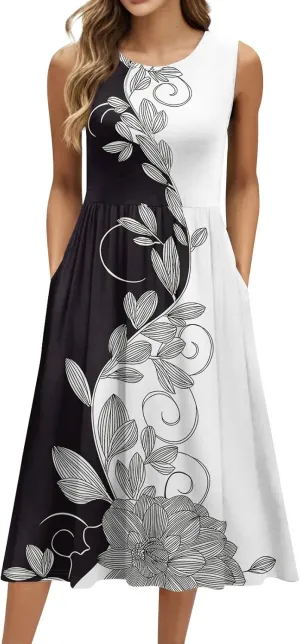 Summer Dresses for Women Beach Tank Dresses Flowy Floral A-Line Sundresses Casual Sleeveless Mid Dress with Pockets