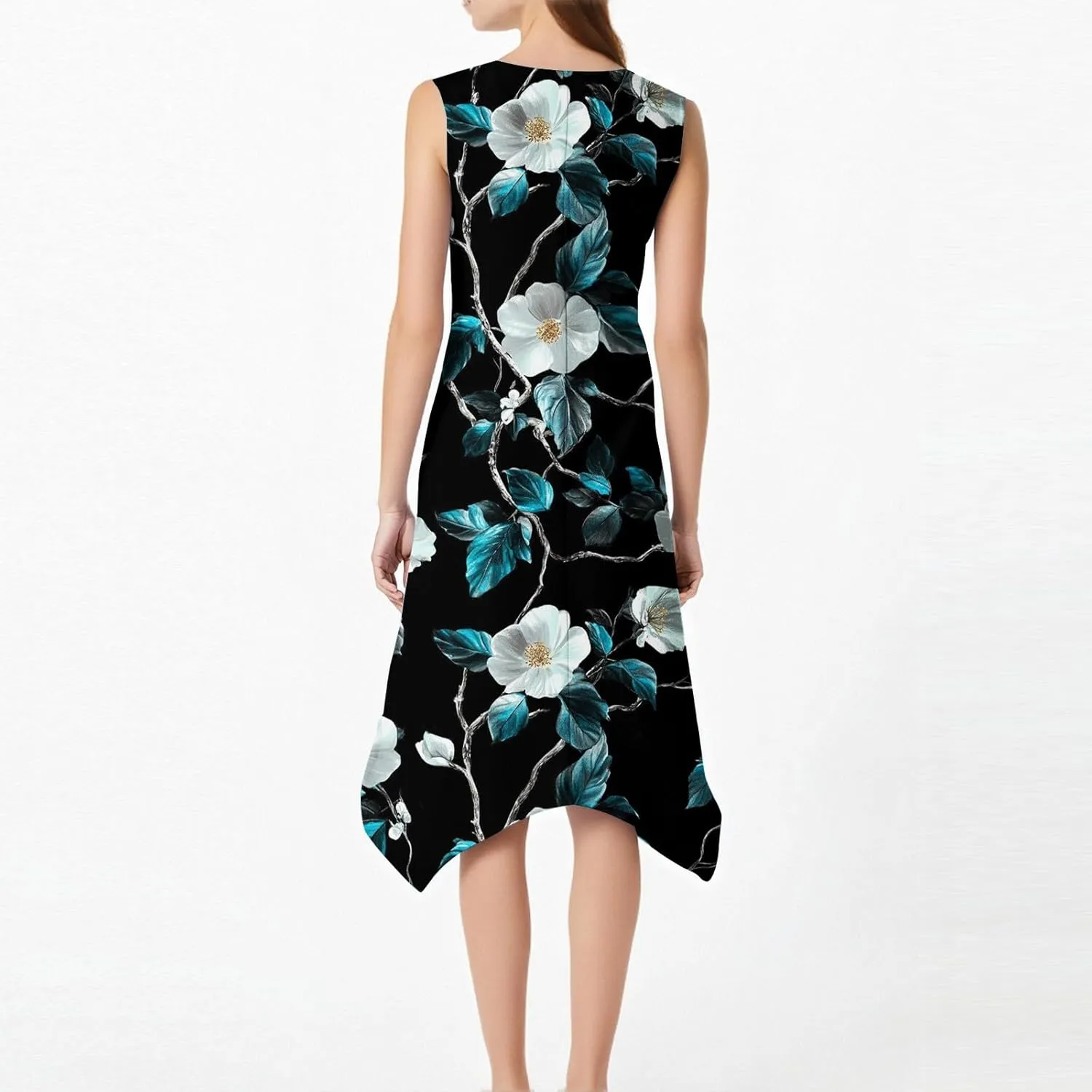 Summer Dresses for Women Crewneck Sleeveless Irregular Hem Midi Dress Trendy Floral Printed Beach Vacation Sundress