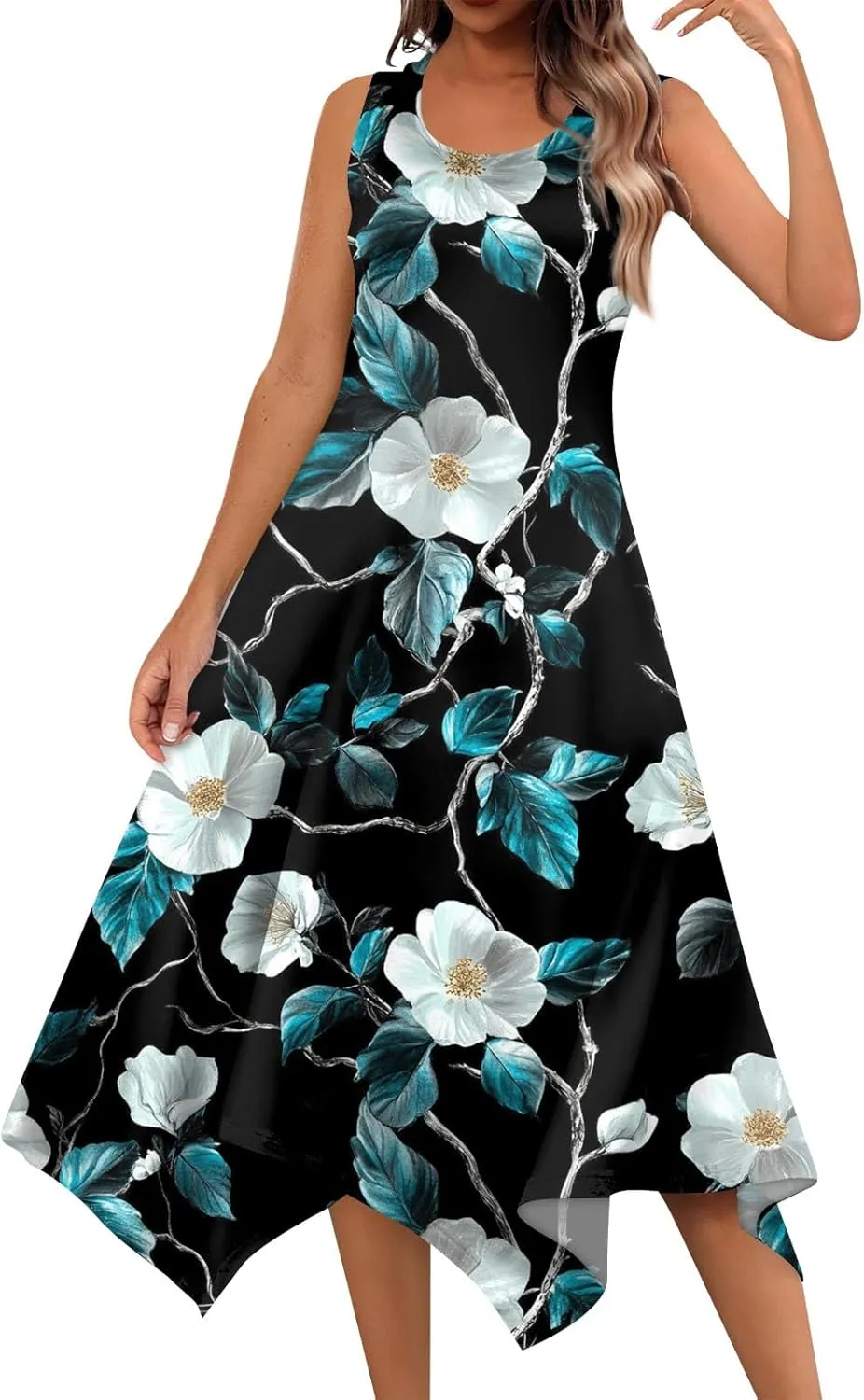 Summer Dresses for Women Crewneck Sleeveless Irregular Hem Midi Dress Trendy Floral Printed Beach Vacation Sundress
