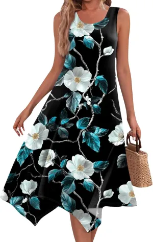 Summer Dresses for Women Crewneck Sleeveless Irregular Hem Midi Dress Trendy Floral Printed Beach Vacation Sundress