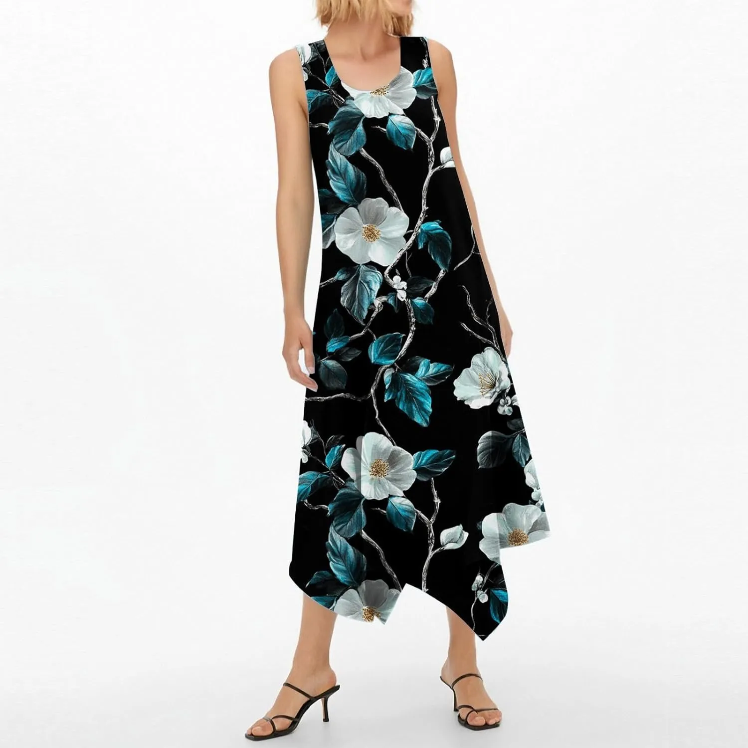 Summer Dresses for Women Crewneck Sleeveless Irregular Hem Midi Dress Trendy Floral Printed Beach Vacation Sundress