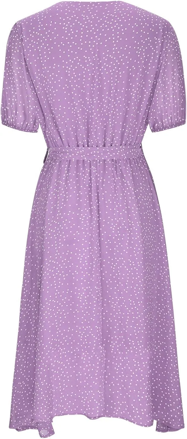 Summer Dresses for Women V-Neck Bandage Print Boho Maxi Dresses Casual Short Sleeve Flowy Swing Hawaiian Dresses