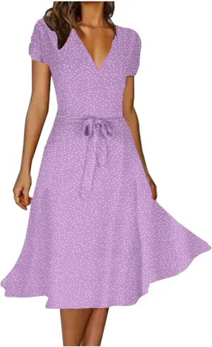 Summer Dresses for Women V-Neck Bandage Print Boho Maxi Dresses Casual Short Sleeve Flowy Swing Hawaiian Dresses