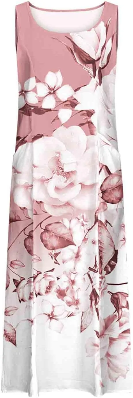 Summer Dresses for Womens Cotton Linen Sleeveless Maxi Dresses Casual Sun Dress Comfy Summer Beach Outfits with Pocket