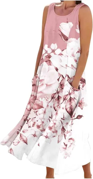 Summer Dresses for Womens Cotton Linen Sleeveless Maxi Dresses Casual Sun Dress Comfy Summer Beach Outfits with Pocket