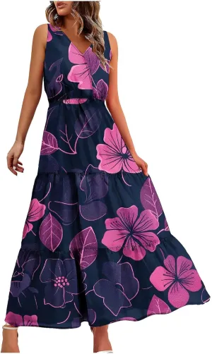 Summer Floral Dresses for Women Casual Flowy Dress Sleeveless V Neck Maxi Dress Trendy Boho Summer Beach Sun Dress