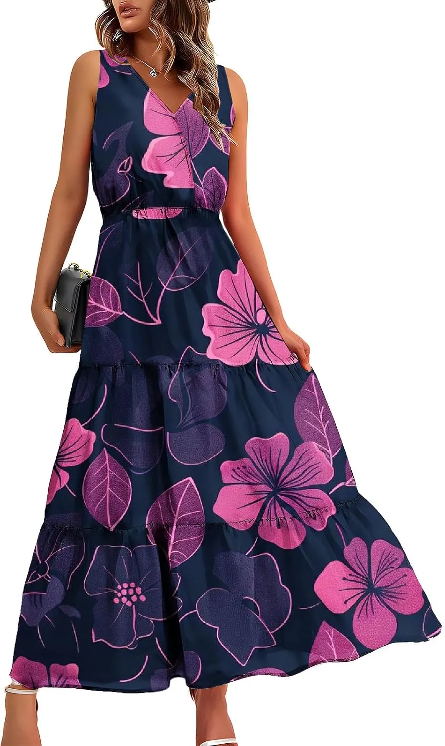 Summer Floral Dresses for Women Casual Flowy Dress Sleeveless V Neck Maxi Dress Trendy Boho Summer Beach Sun Dress