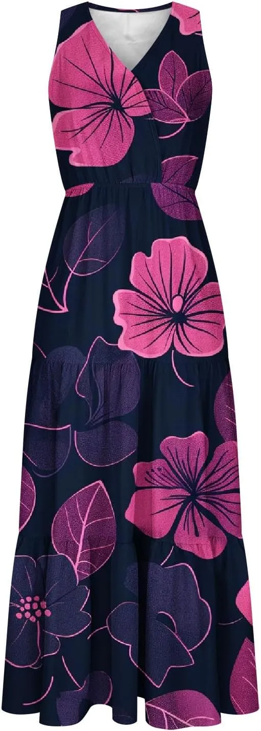 Summer Floral Dresses for Women Casual Flowy Dress Sleeveless V Neck Maxi Dress Trendy Boho Summer Beach Sun Dress