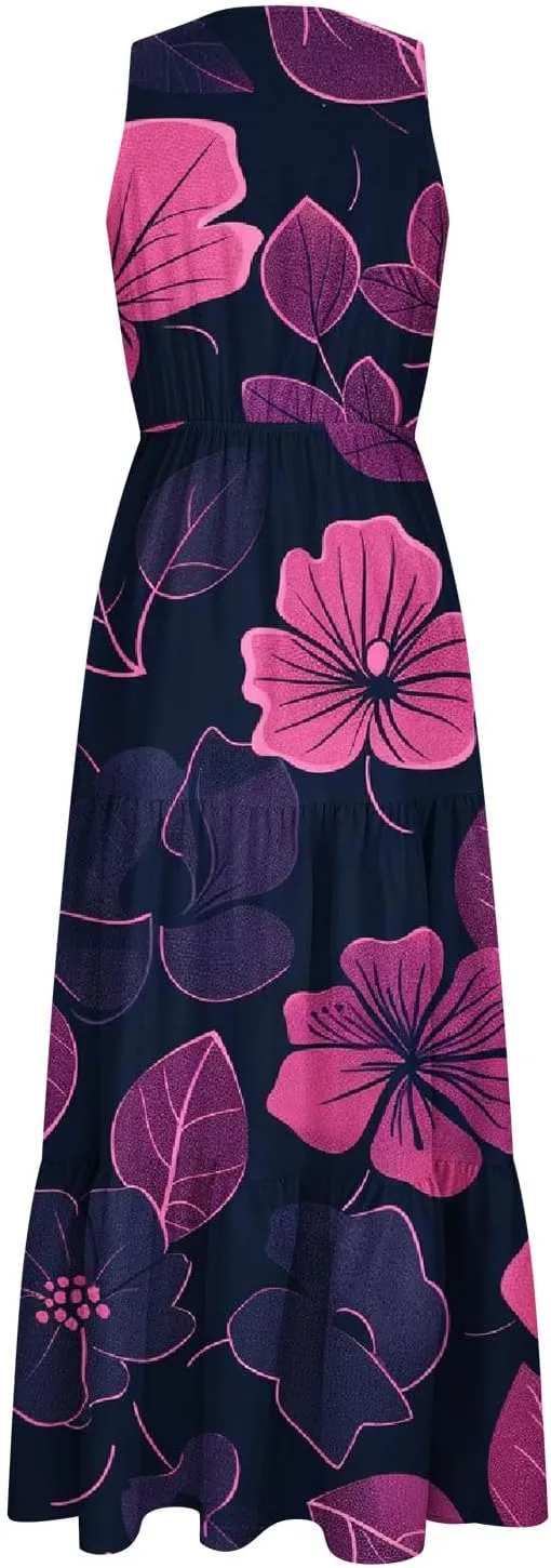 Summer Floral Dresses for Women Casual Flowy Dress Sleeveless V Neck Maxi Dress Trendy Boho Summer Beach Sun Dress