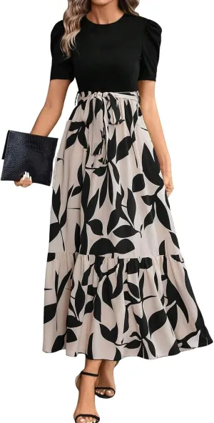 Summer Maxi Dresses for Women 2025 Wedding Guest Puff Sleeve Tie Waist Belted Patchwork A Line Swing Dress