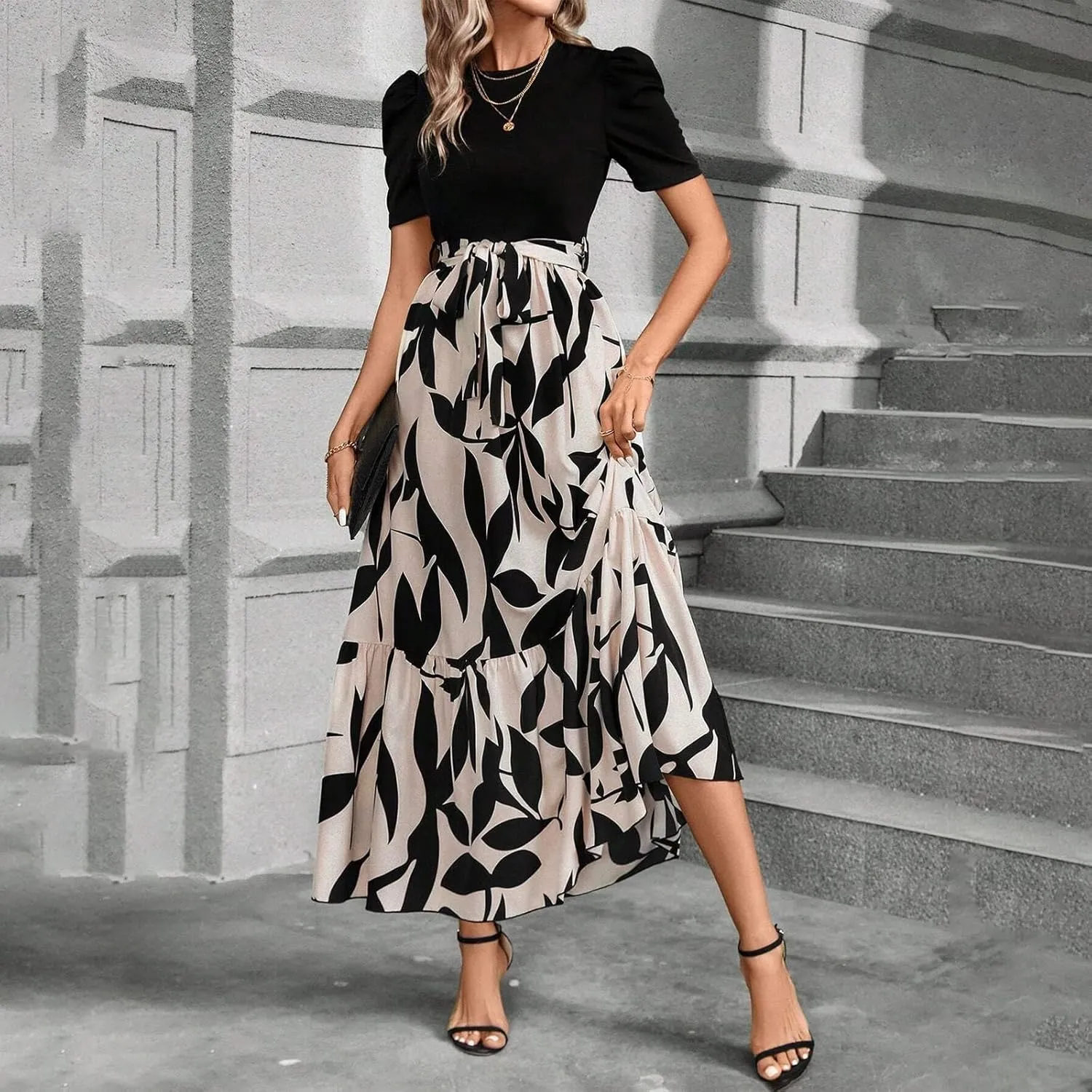 Summer Maxi Dresses for Women 2025 Wedding Guest Puff Sleeve Tie Waist Belted Patchwork A Line Swing Dress