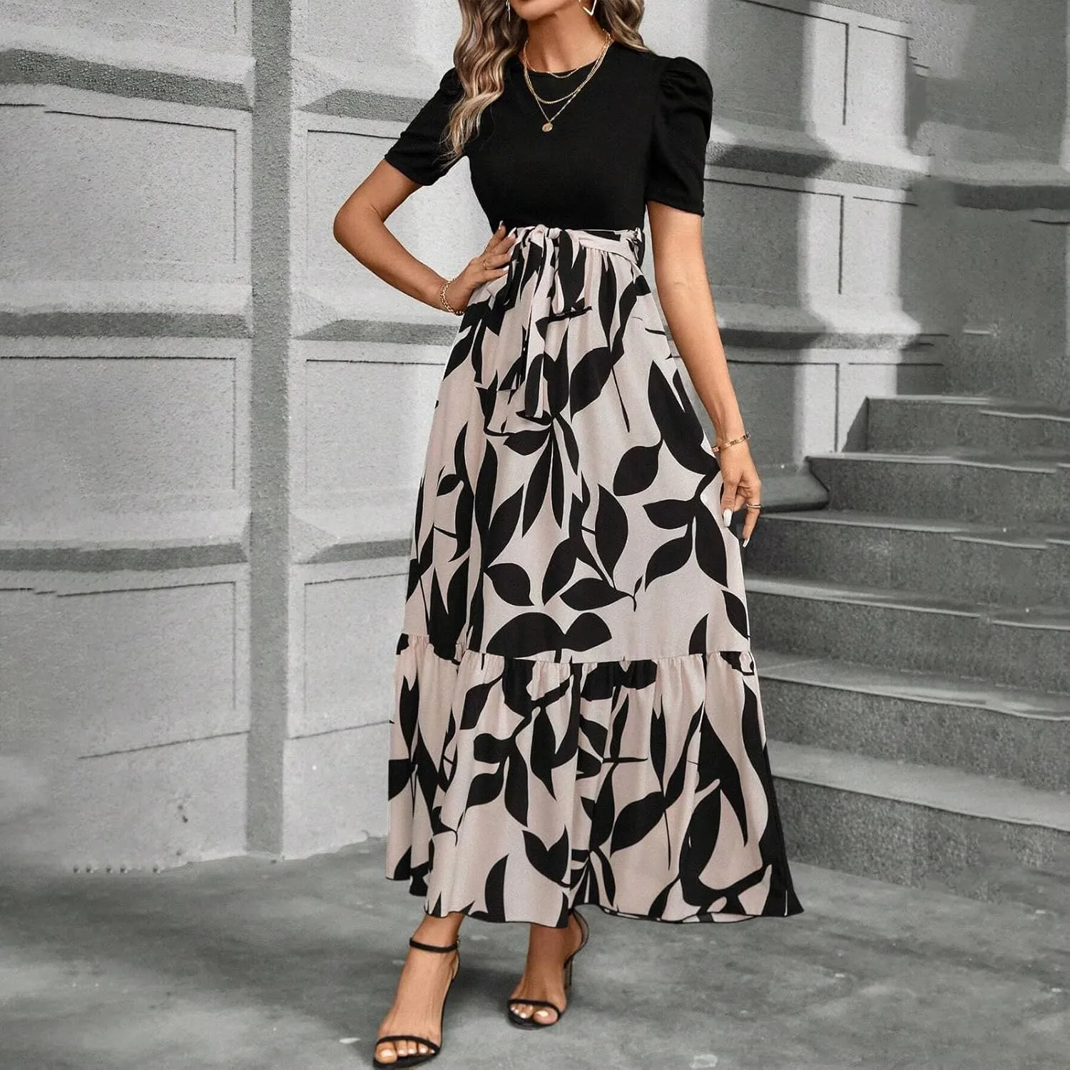 Summer Maxi Dresses for Women 2025 Wedding Guest Puff Sleeve Tie Waist Belted Patchwork A Line Swing Dress
