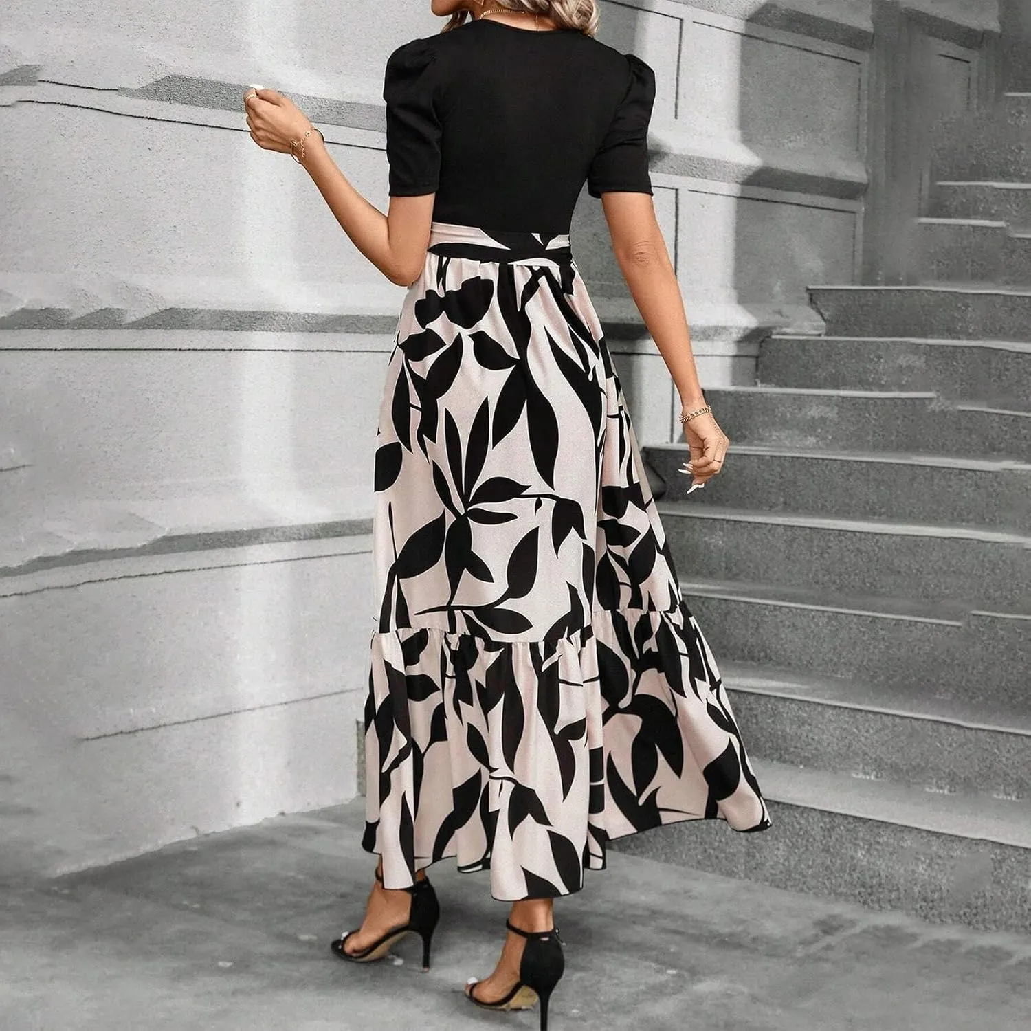 Summer Maxi Dresses for Women 2025 Wedding Guest Puff Sleeve Tie Waist Belted Patchwork A Line Swing Dress