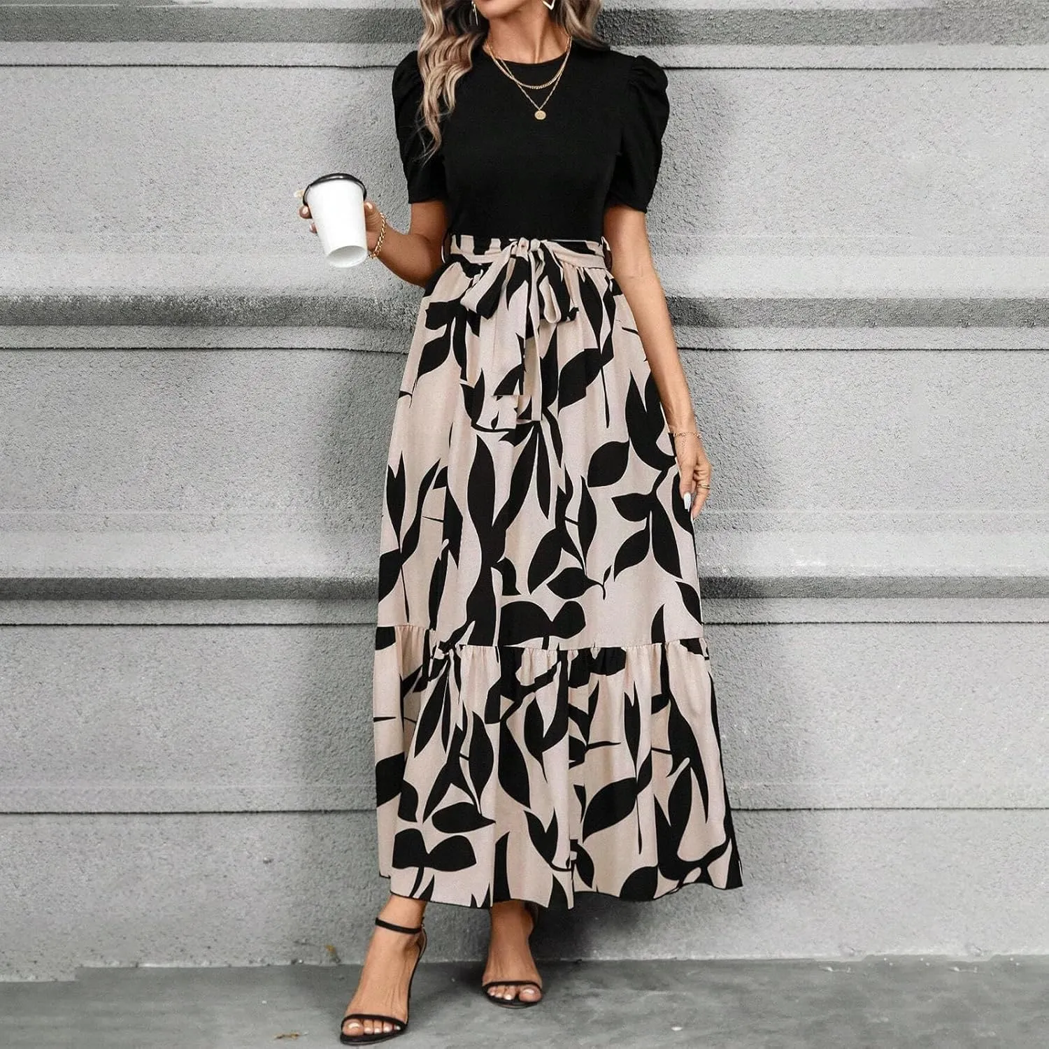 Summer Maxi Dresses for Women 2025 Wedding Guest Puff Sleeve Tie Waist Belted Patchwork A Line Swing Dress