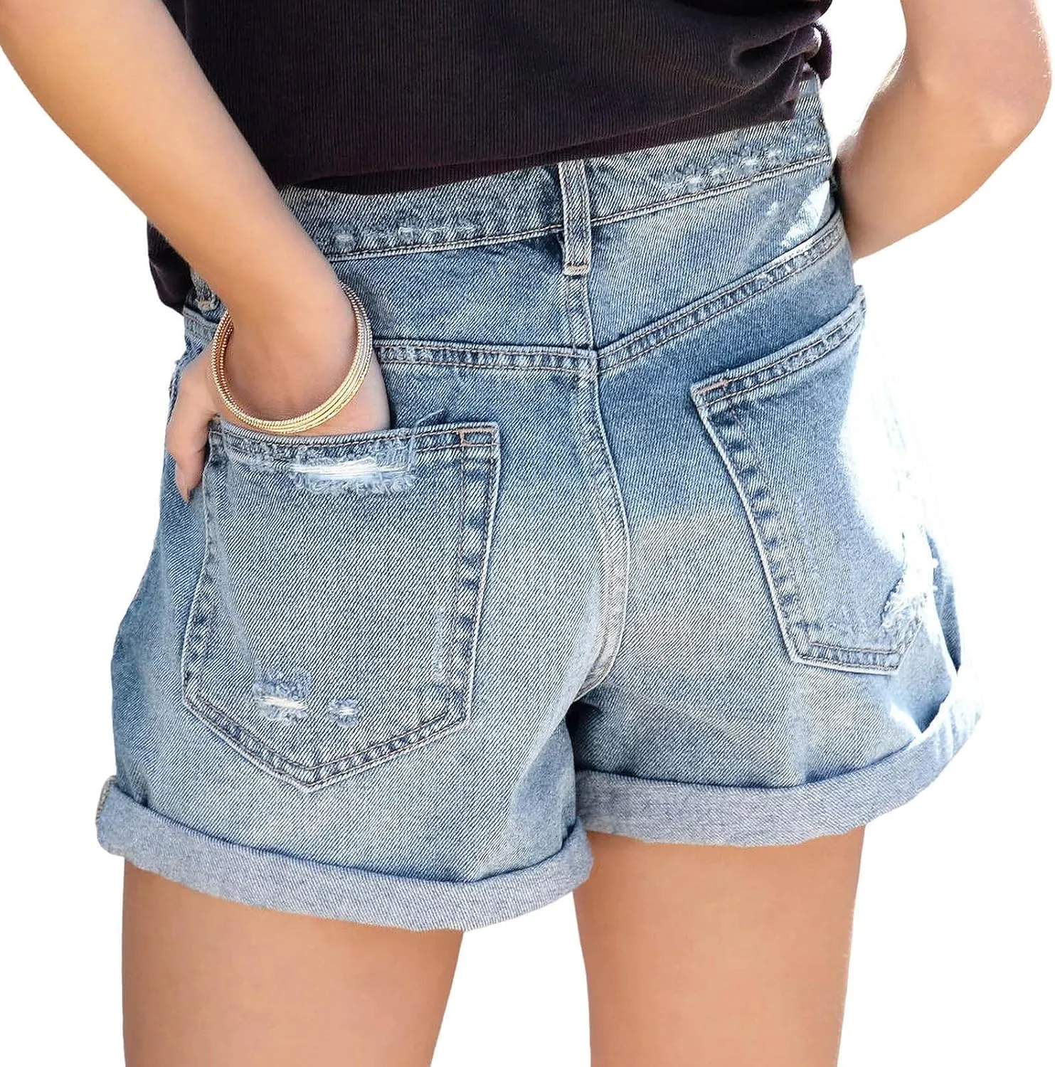 Summer Women High Waisted Jean Shorts Skinny Stretchy Denim Shorts Frayed Raw Hem Distressed Ripped Short Jeans