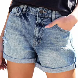 Summer Women High Waisted Jean Shorts Skinny Stretchy Denim Shorts Frayed Raw Hem Distressed Ripped Short Jeans