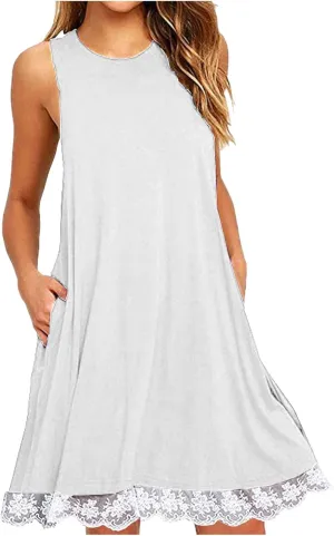 Sun Dresses for Women 2024 Summer Sleeveless Crew Neck Mini Dress Casual Loose Comfy Beach Tank Dress with Pockets