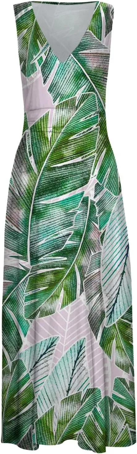 Sun Dresses for Women, Graphic Print Flowy Beach Dress, Spring Summer Casual Elegant Wrap V Neck Sleeveless Maxi Dresses