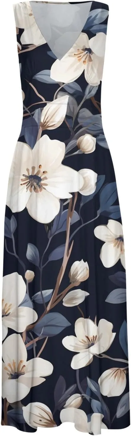 Sun Dresses for Women, Graphic Print Flowy Beach Dress, Spring Summer Casual Elegant Wrap V Neck Sleeveless Maxi Dresses